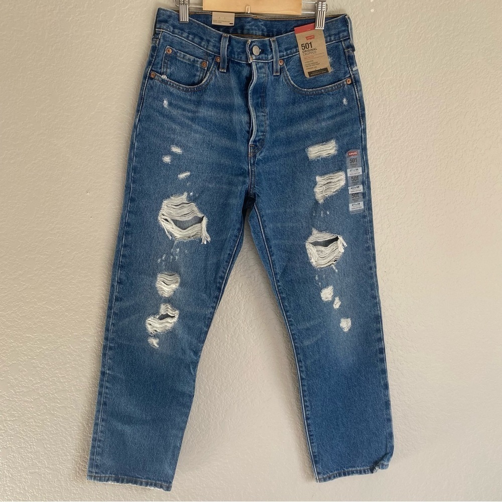 Levi’s 501 medium wash straight leg heavy distressed jeans 27x26